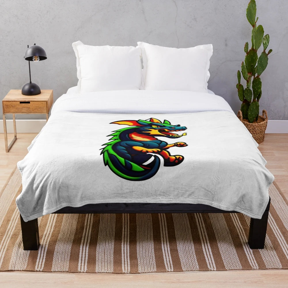 Cozy plush blanket with dragon illustration in anime manga style
