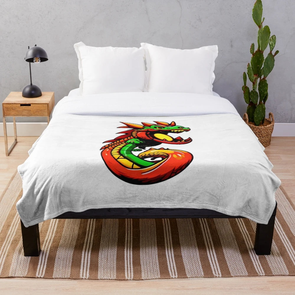 Plush blanket featuring an anime-style illustration of a dragon and other legendary fantasy animals