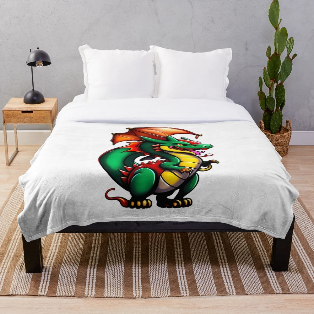 Anime-style illustration of a legendary dragon on a plush blanket
