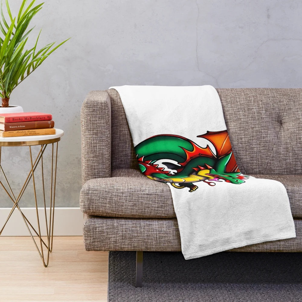 Anime-style illustration of a legendary dragon on a plush blanket