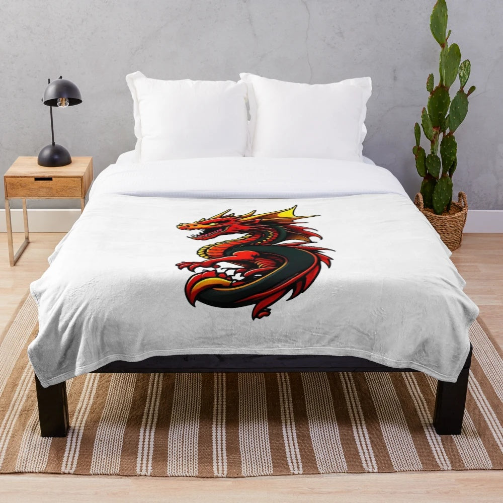 Illustration of a legendary dragon in an anime-inspired style on a plush blanket