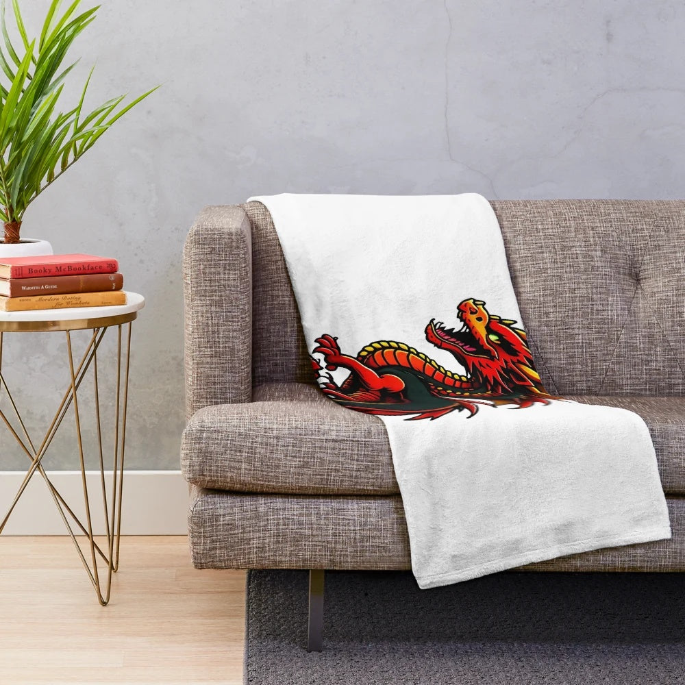 Illustration of a legendary dragon in an anime-inspired style on a plush blanket
