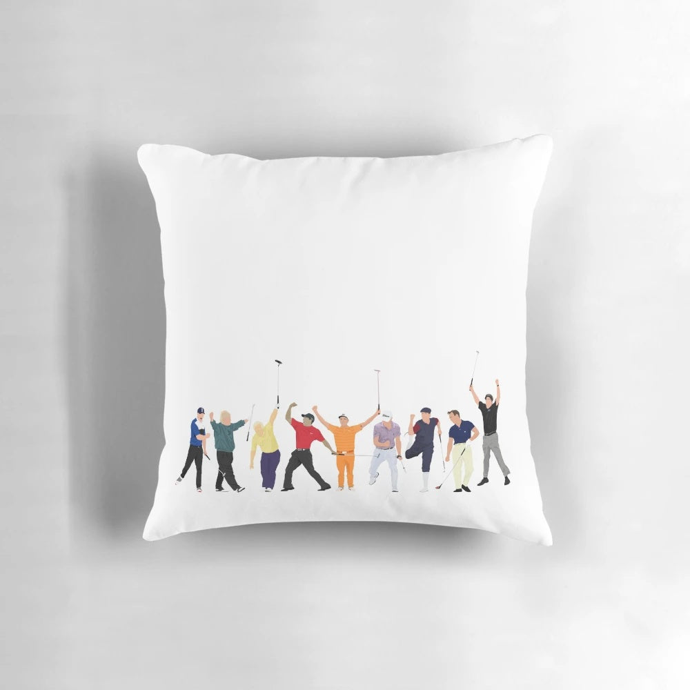 Pillow featuring iconic golf legends like Brooks Koepka, Tiger Woods, and Jack Nicklaus