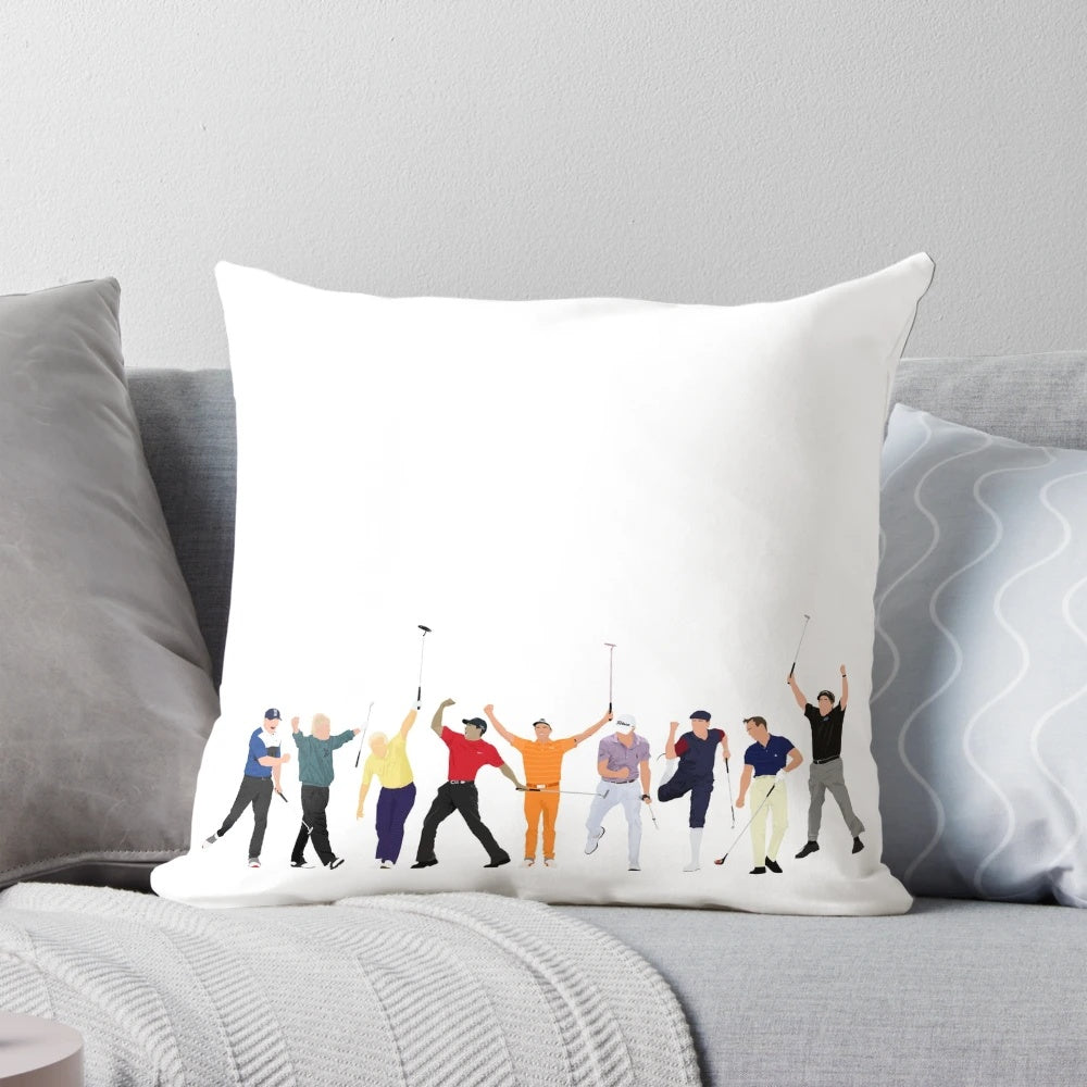 Pillow featuring iconic golf legends like Brooks Koepka, Tiger Woods, and Jack Nicklaus