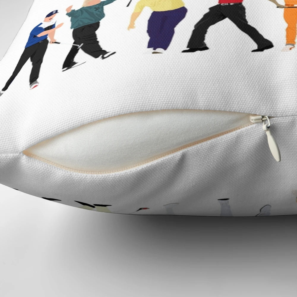 Pillow featuring iconic golf legends like Brooks Koepka, Tiger Woods, and Jack Nicklaus