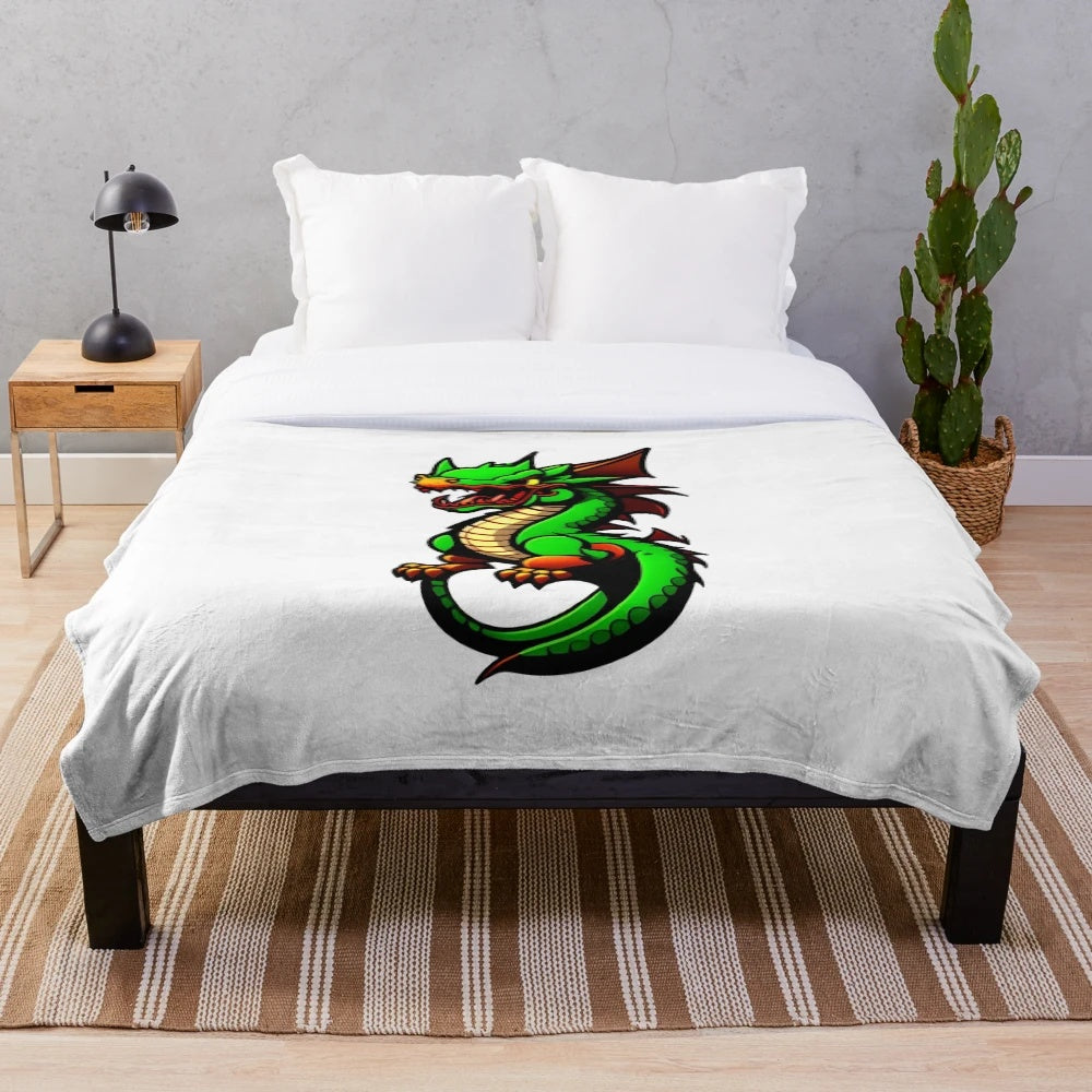 Legendary green dragon illustration on a plush anime-style blanket