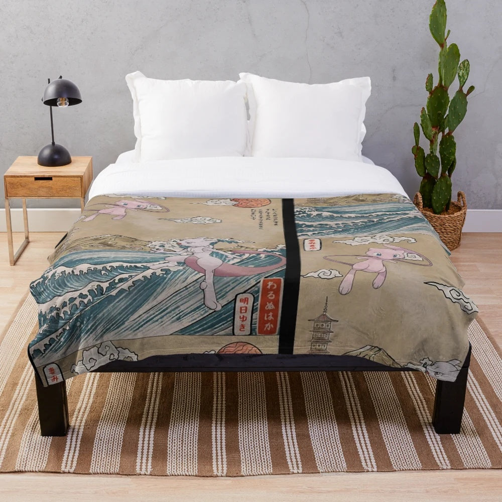 Plush blanket featuring a legendary battle between a samurai and a dragon in Japanese art style