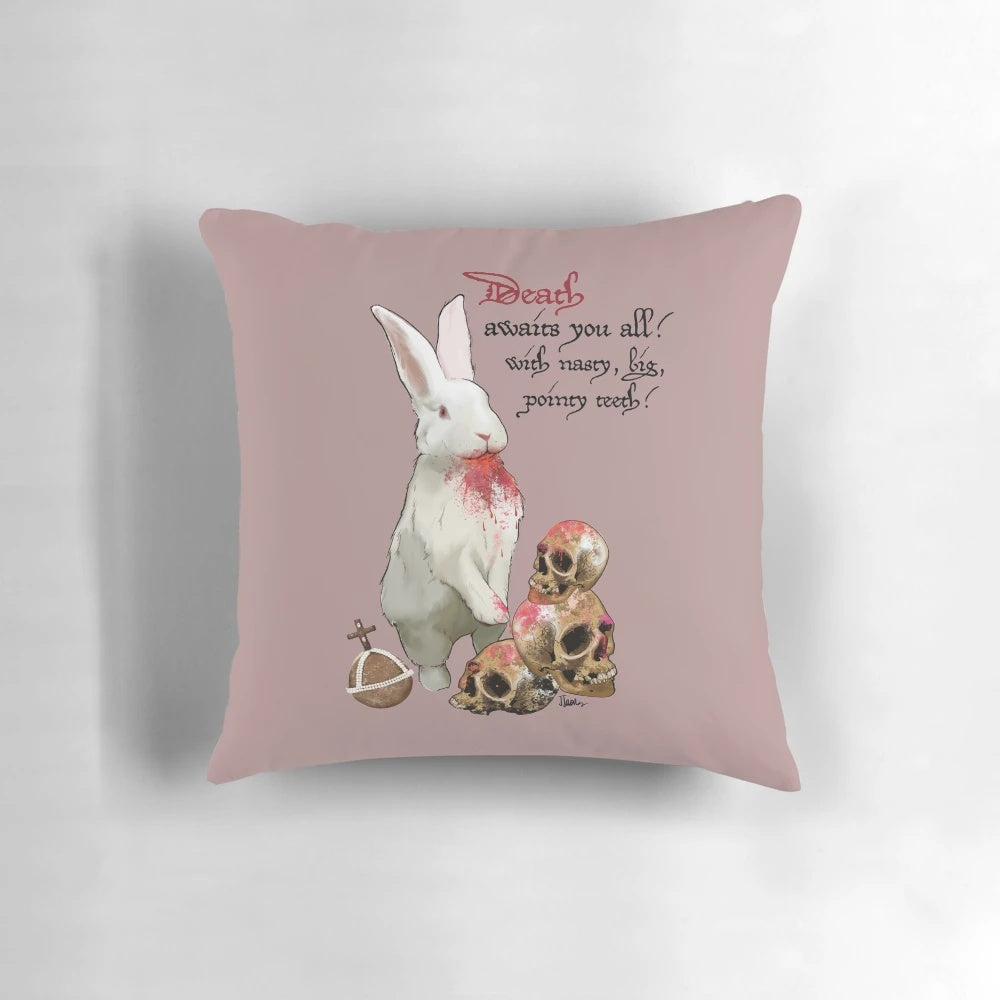 Decorative throw pillow featuring the infamous killer rabbit from Monty Python's Caerbannog