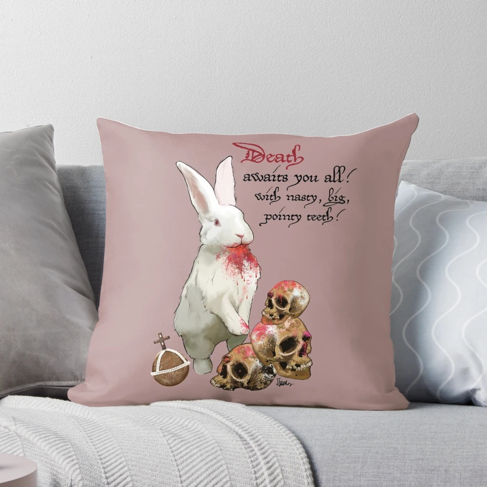 Decorative throw pillow featuring the infamous killer rabbit from Monty Python's Caerbannog