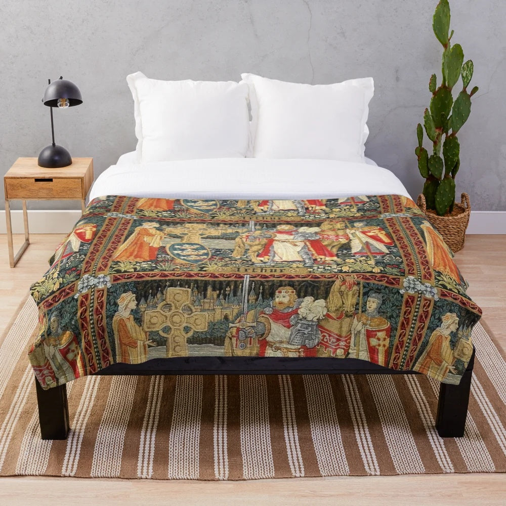 Plush blanket featuring a medieval fantasy tapestry design with King Arthur, Excalibur, Merlin, and the Holy Grail