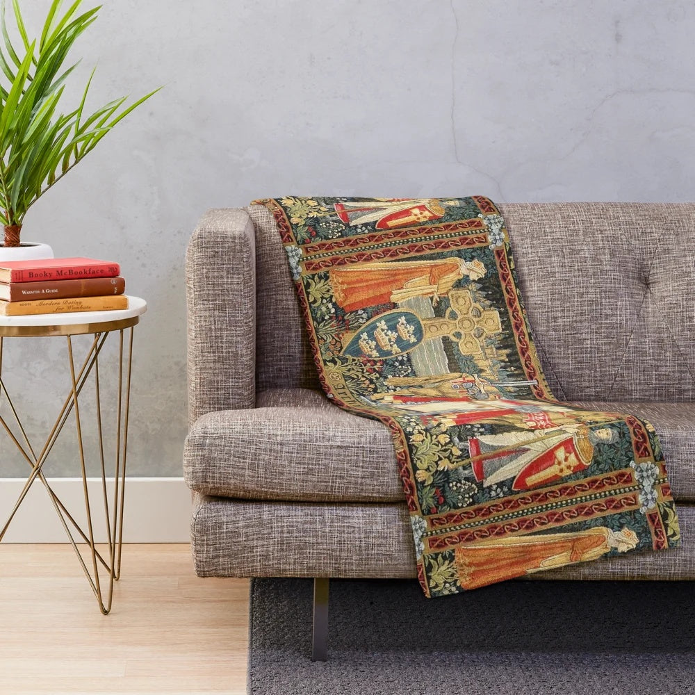 Plush blanket featuring a medieval fantasy tapestry design with King Arthur, Excalibur, Merlin, and the Holy Grail