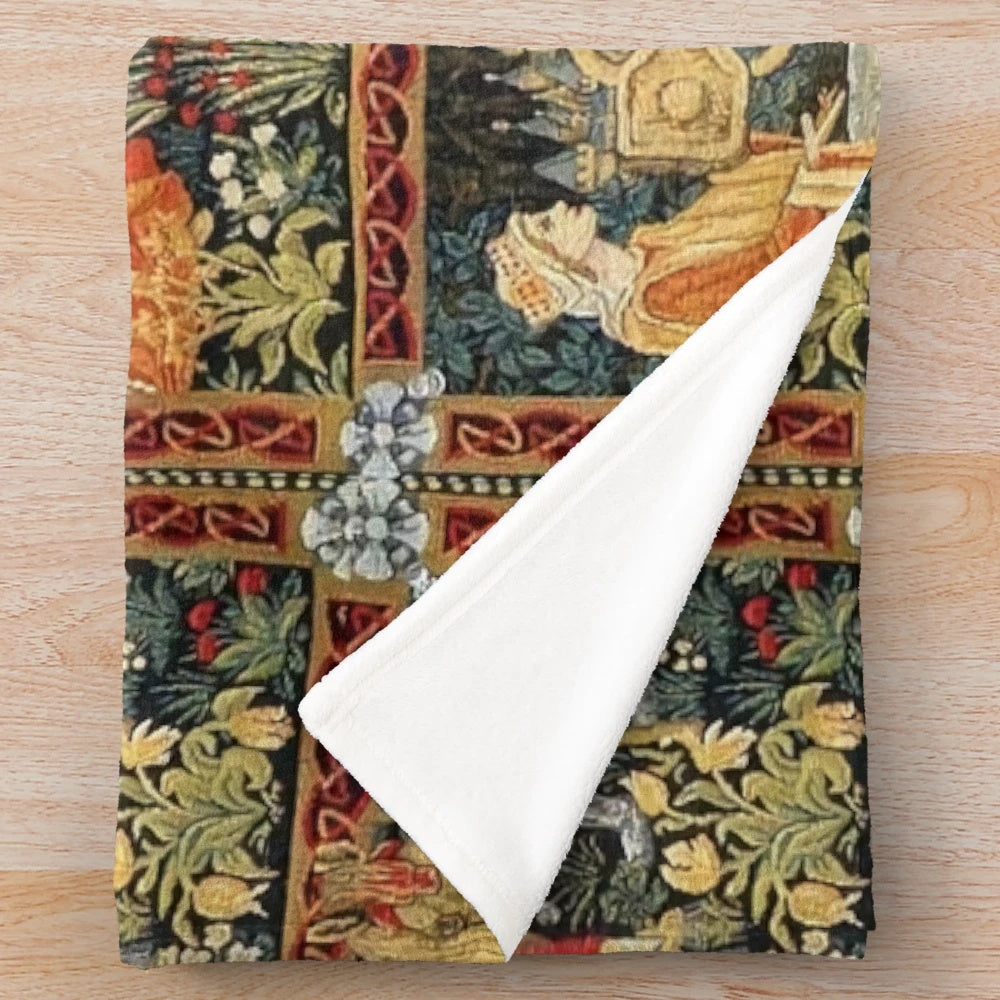 Plush blanket featuring a medieval fantasy tapestry design with King Arthur, Excalibur, Merlin, and the Holy Grail