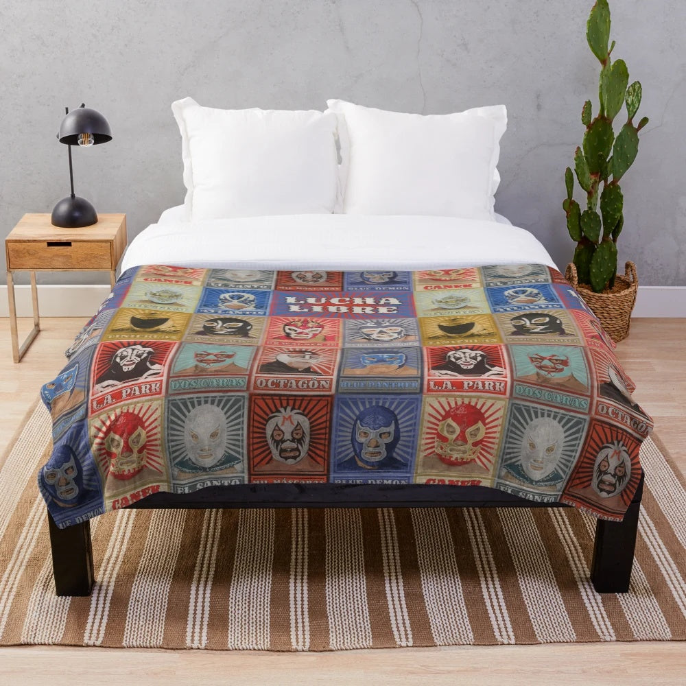 Lucha Libre Legends Plush Blanket featuring iconic Mexican wrestlers