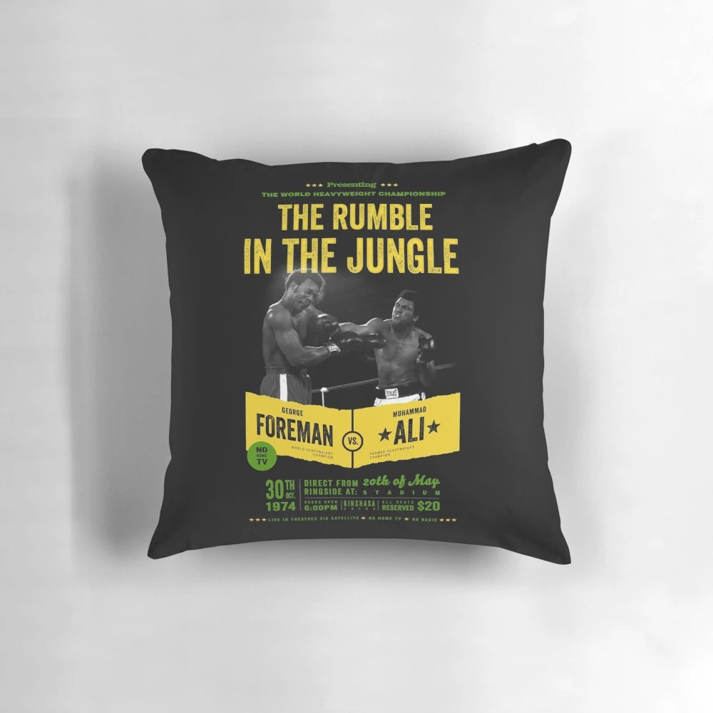 Vintage-inspired pillow featuring Muhammad Ali and George Foreman's iconic "Rumble in the Jungle" heavyweight boxing match