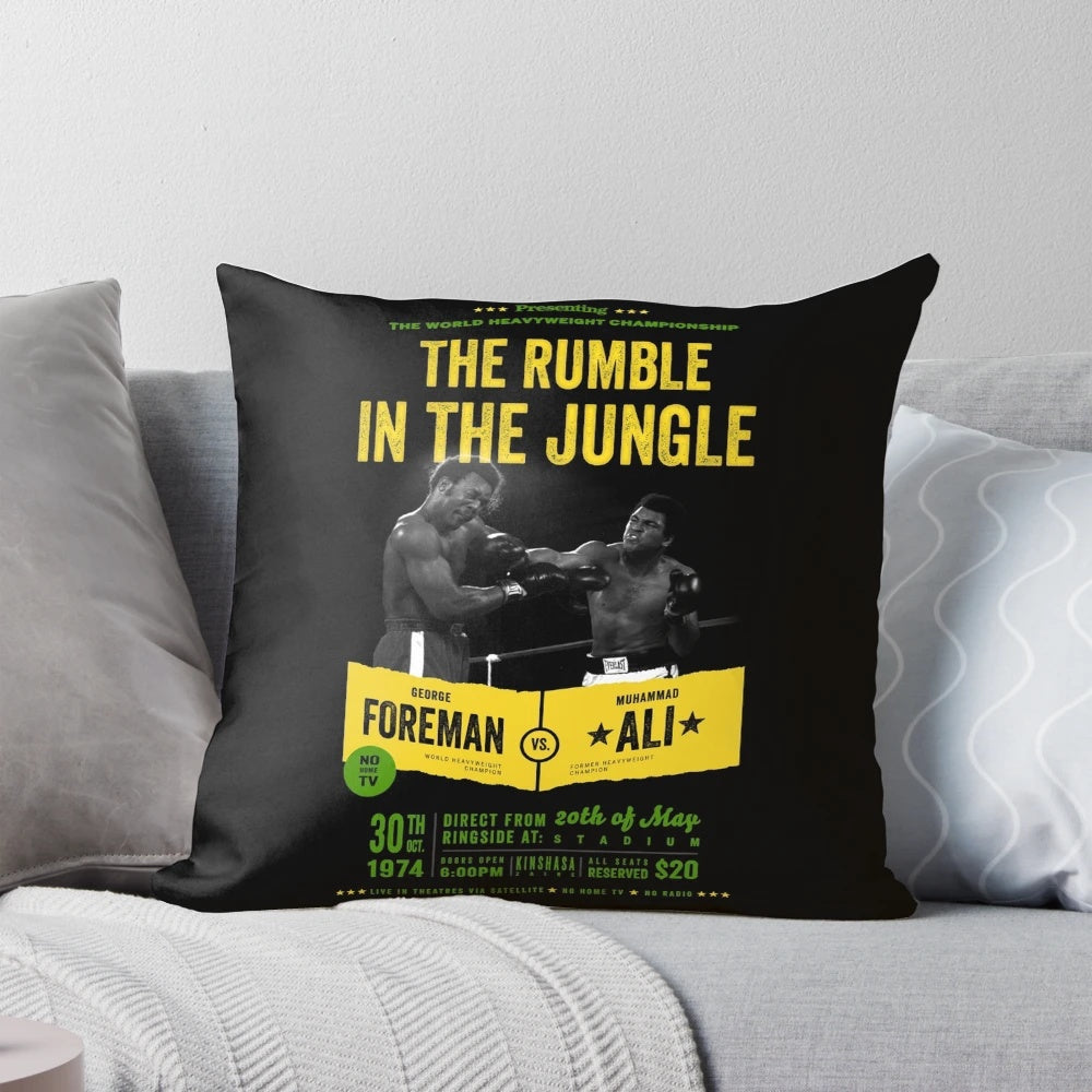Vintage-inspired pillow featuring Muhammad Ali and George Foreman's iconic "Rumble in the Jungle" heavyweight boxing match