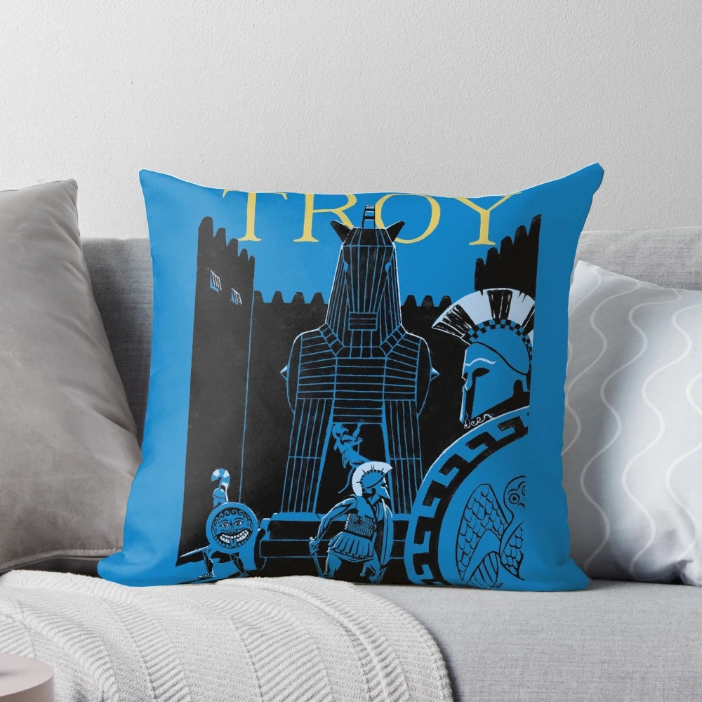 Decorative Trojan horse shaped throw pillow featuring ancient Greek mythology and Homeric epic tales.