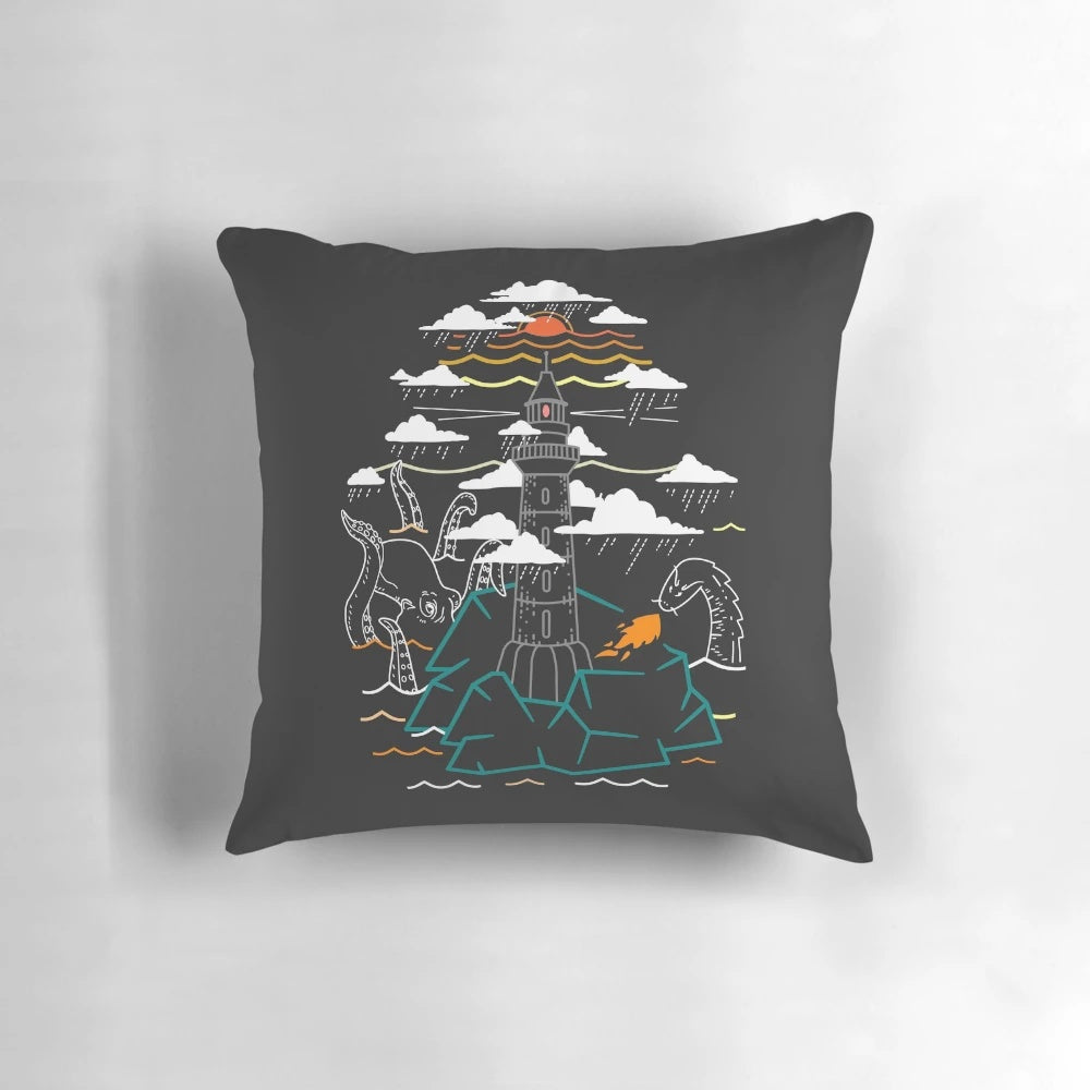 Pillow featuring an illustration of a sea monster and sunset