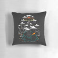 Pillow featuring an illustration of a sea monster and sunset