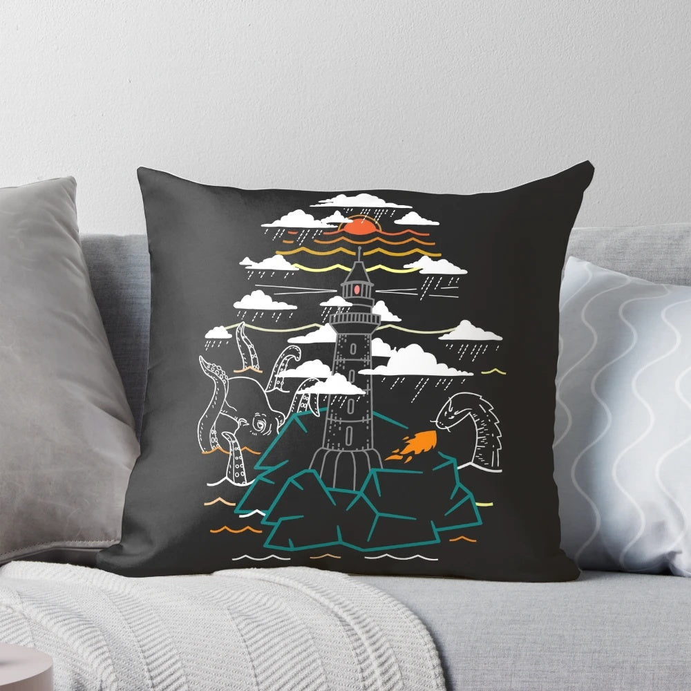 Pillow featuring an illustration of a sea monster and sunset