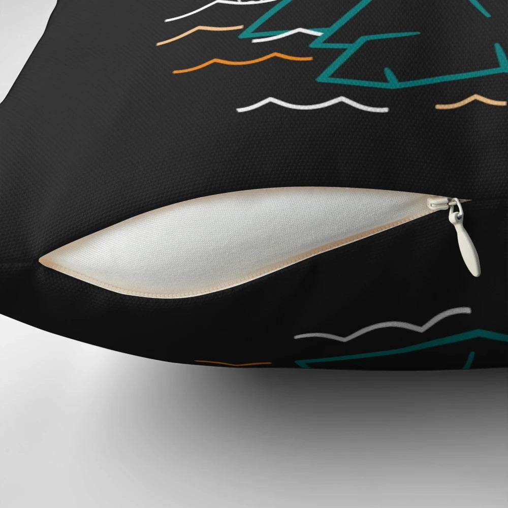 Pillow featuring an illustration of a sea monster and sunset