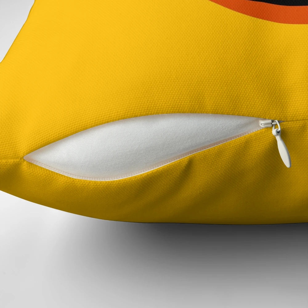 Colorful Lego-style girl face pillow in yellow with a happy, smiling expression.