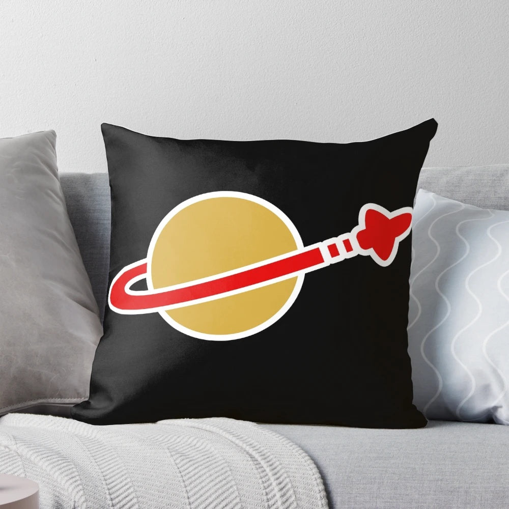 A plush, decorative throw pillow featuring a Lego-style spaceman or astronaut design.