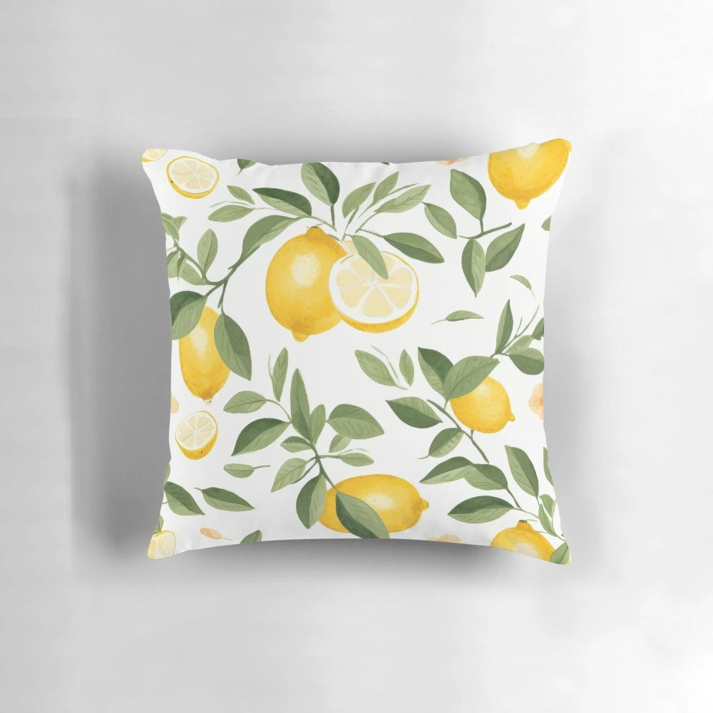 Decorative throw pillow featuring a lemon watercolor design in an impressionistic style, part of the Summer Fruit Basket series.