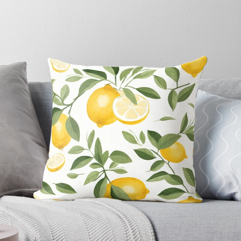 Decorative throw pillow featuring a lemon watercolor design in an impressionistic style, part of the Summer Fruit Basket series.