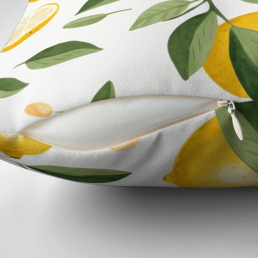 Decorative throw pillow featuring a lemon watercolor design in an impressionistic style, part of the Summer Fruit Basket series.