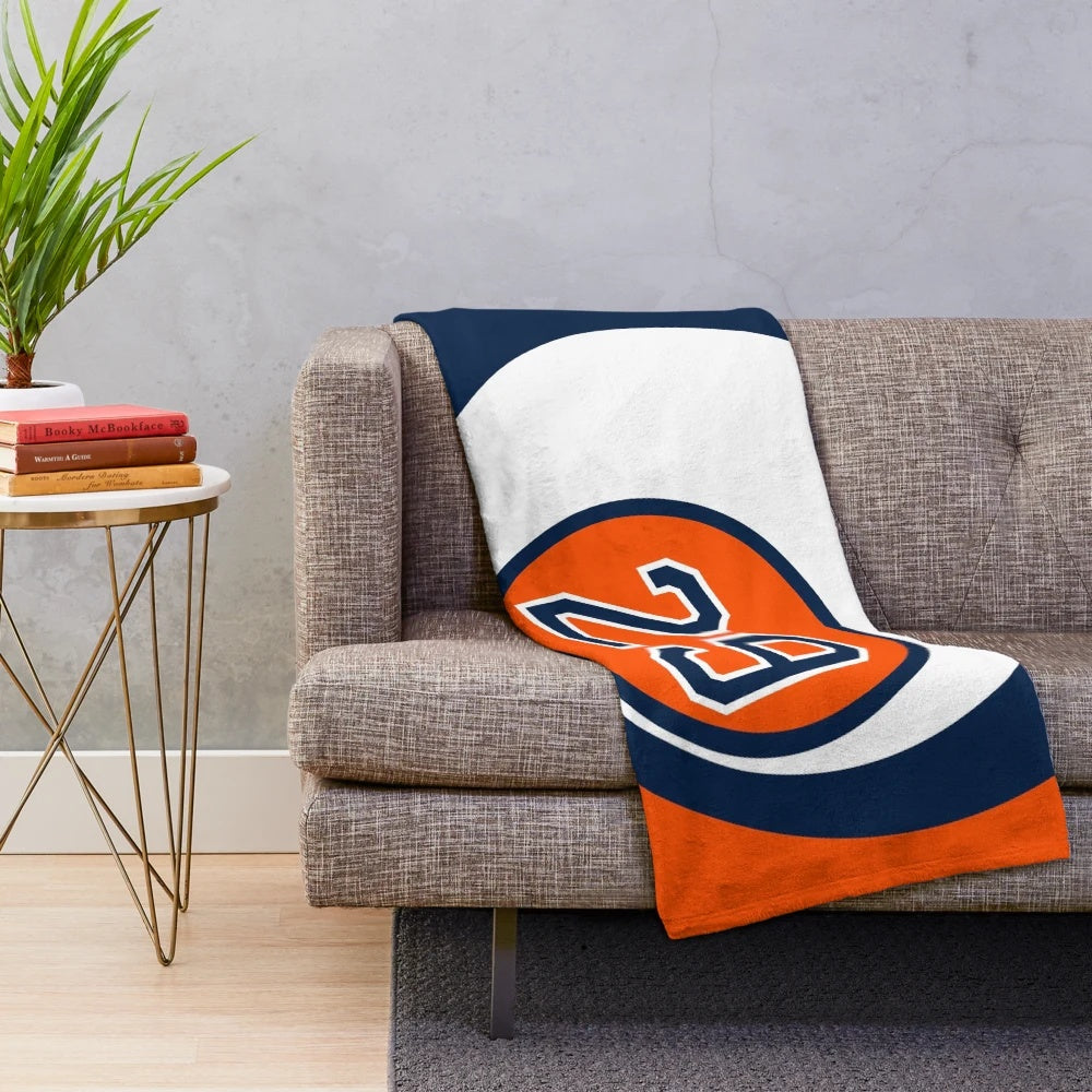 Leon Draisaitl themed plush blanket in Edmonton Oilers colors and jersey number