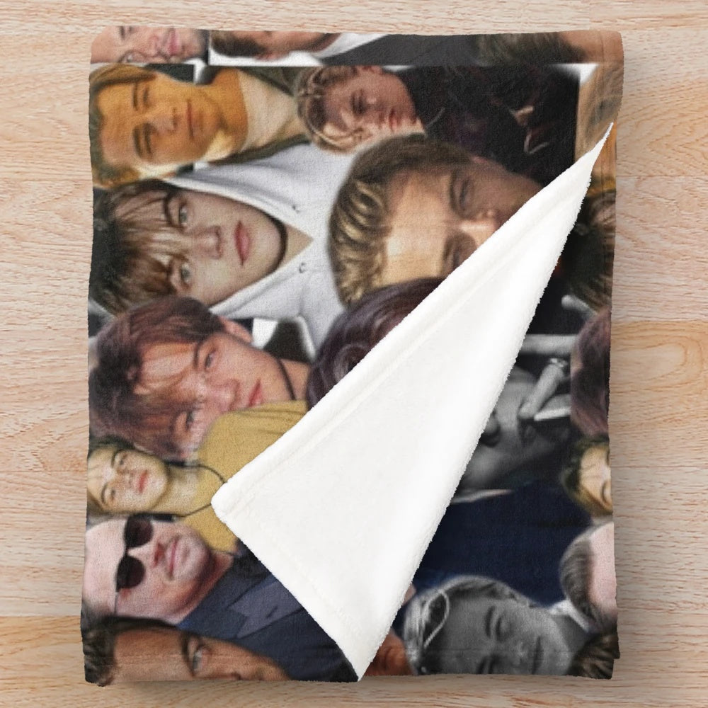 Leonardo DiCaprio photo collage printed on a soft, cozy plush blanket