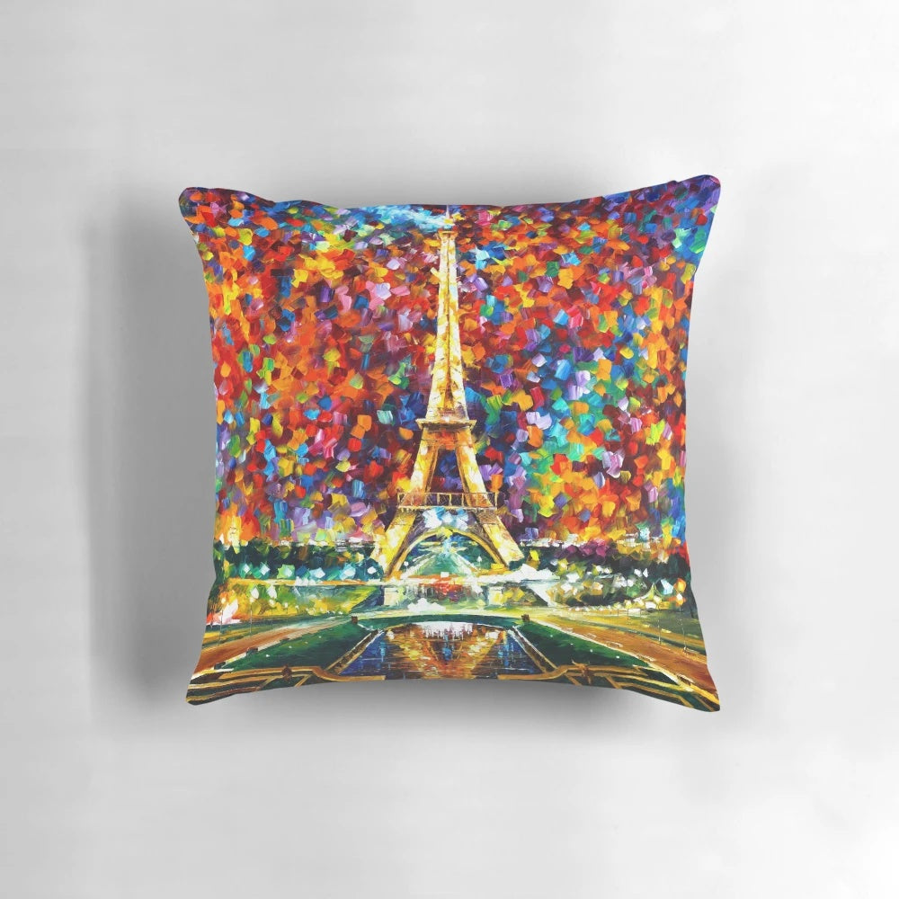 Vibrant oil painting of a Paris street scene at night by artist Leonid Afremov, featured on a comfortable throw pillow.