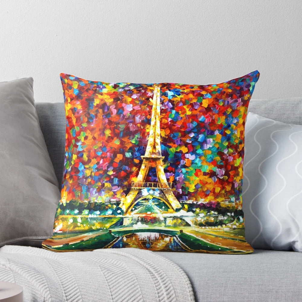 Vibrant oil painting of a Paris street scene at night by artist Leonid Afremov, featured on a comfortable throw pillow.