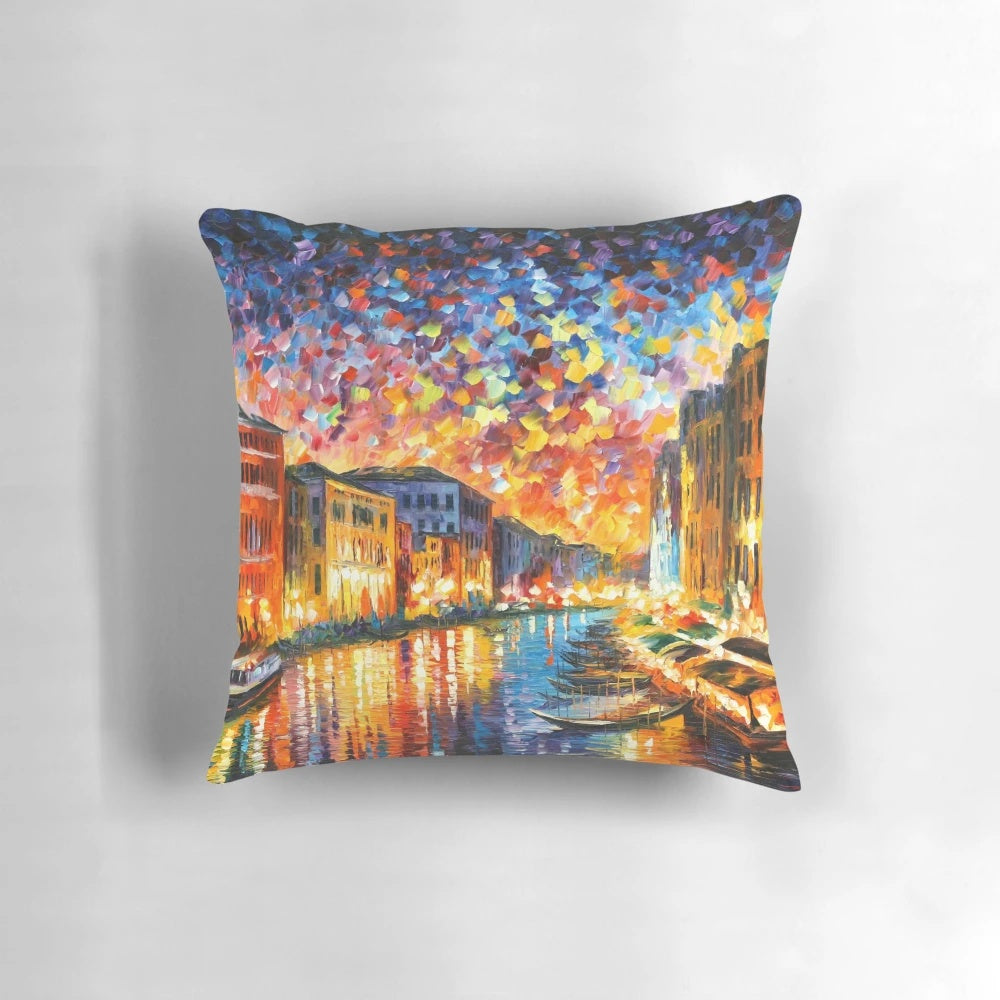 Artistic cityscape pillow featuring the Grand Canal in Venice at night, painted by renowned artist Leonid Afremov.