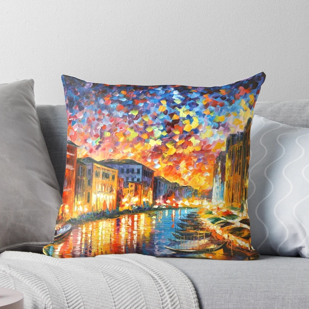 Artistic cityscape pillow featuring the Grand Canal in Venice at night, painted by renowned artist Leonid Afremov.