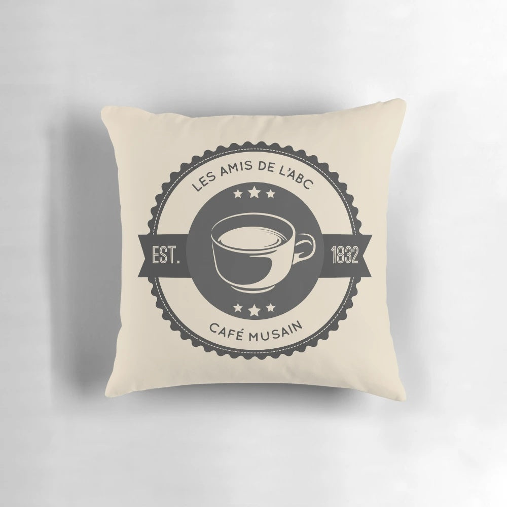 Les Miserables Cafe Musain Pillow with Characters Enjolras, Grantaire, Courfeyrac, and Combeferre
