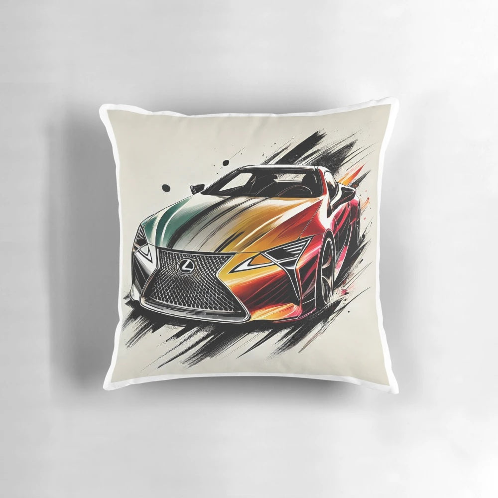 Lexus LC Concept fanart pillow featuring a vibrant watercolor and calligraphy design of the luxury sports car.