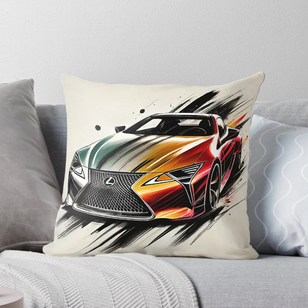 Lexus LC Concept fanart pillow featuring a vibrant watercolor and calligraphy design of the luxury sports car.