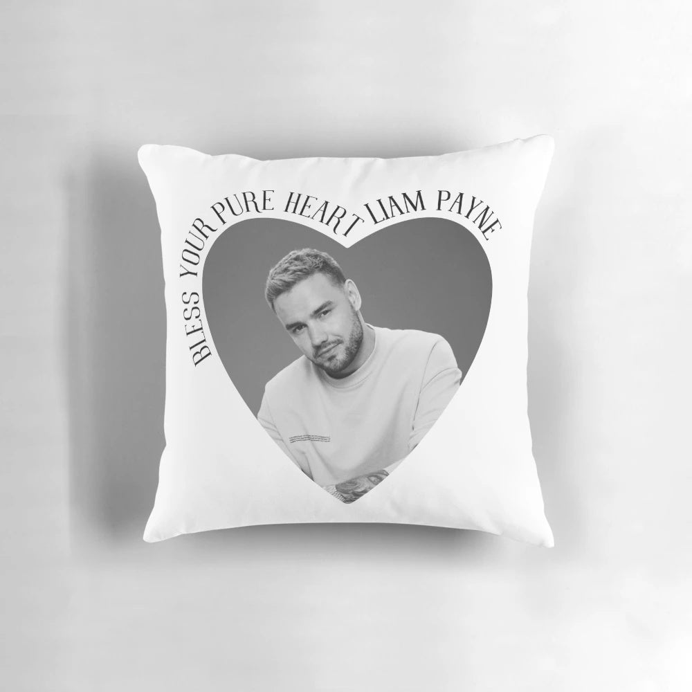 Bless Your Pure Heart Liam Payne RIP Pillow featuring a black and white portrait of the One Direction singer
