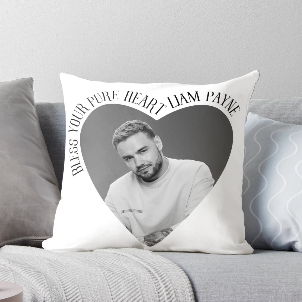 Bless Your Pure Heart Liam Payne RIP Pillow featuring a black and white portrait of the One Direction singer