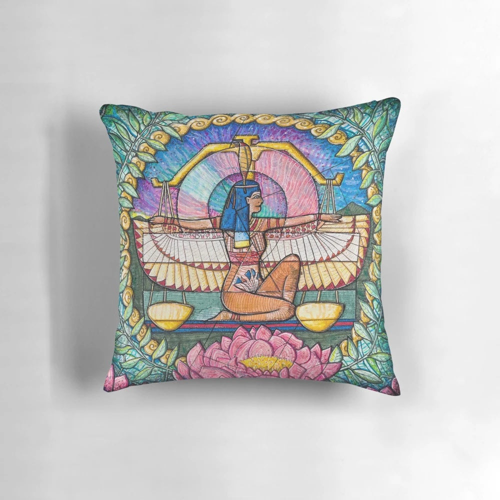 A decorative pillow featuring the Libra zodiac symbol, scales of justice, and peonies, representing balance and global harmony.