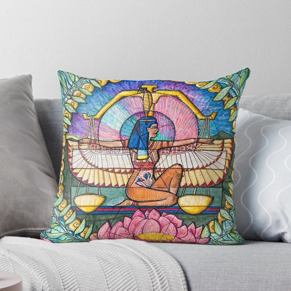 A decorative pillow featuring the Libra zodiac symbol, scales of justice, and peonies, representing balance and global harmony.