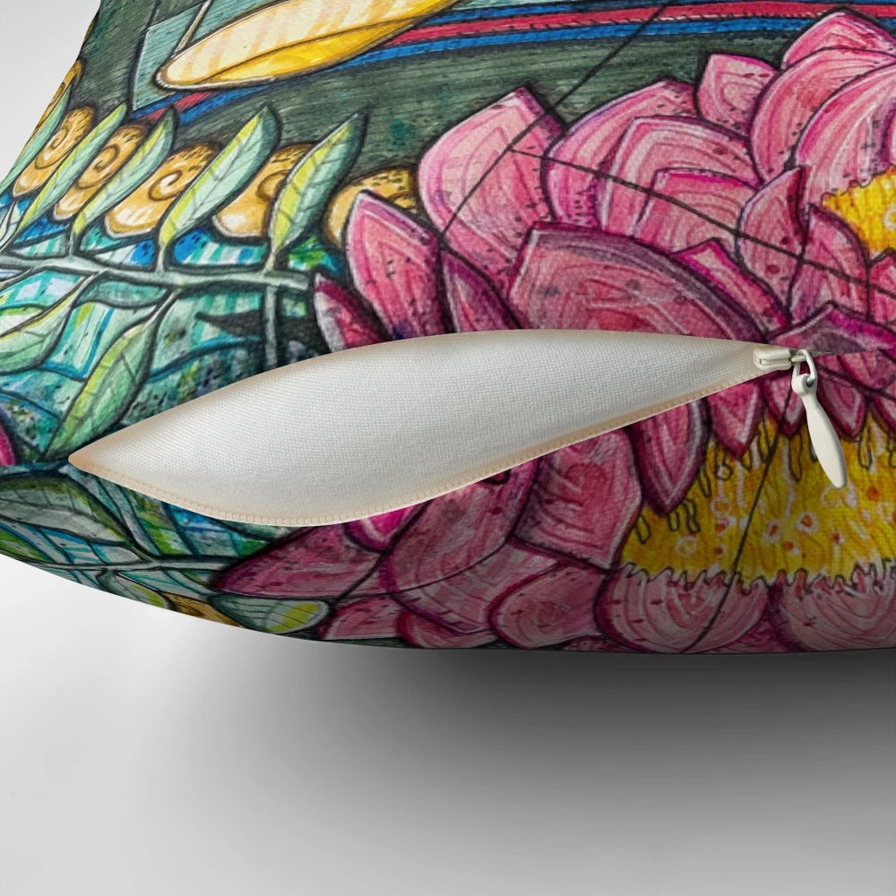 A decorative pillow featuring the Libra zodiac symbol, scales of justice, and peonies, representing balance and global harmony.