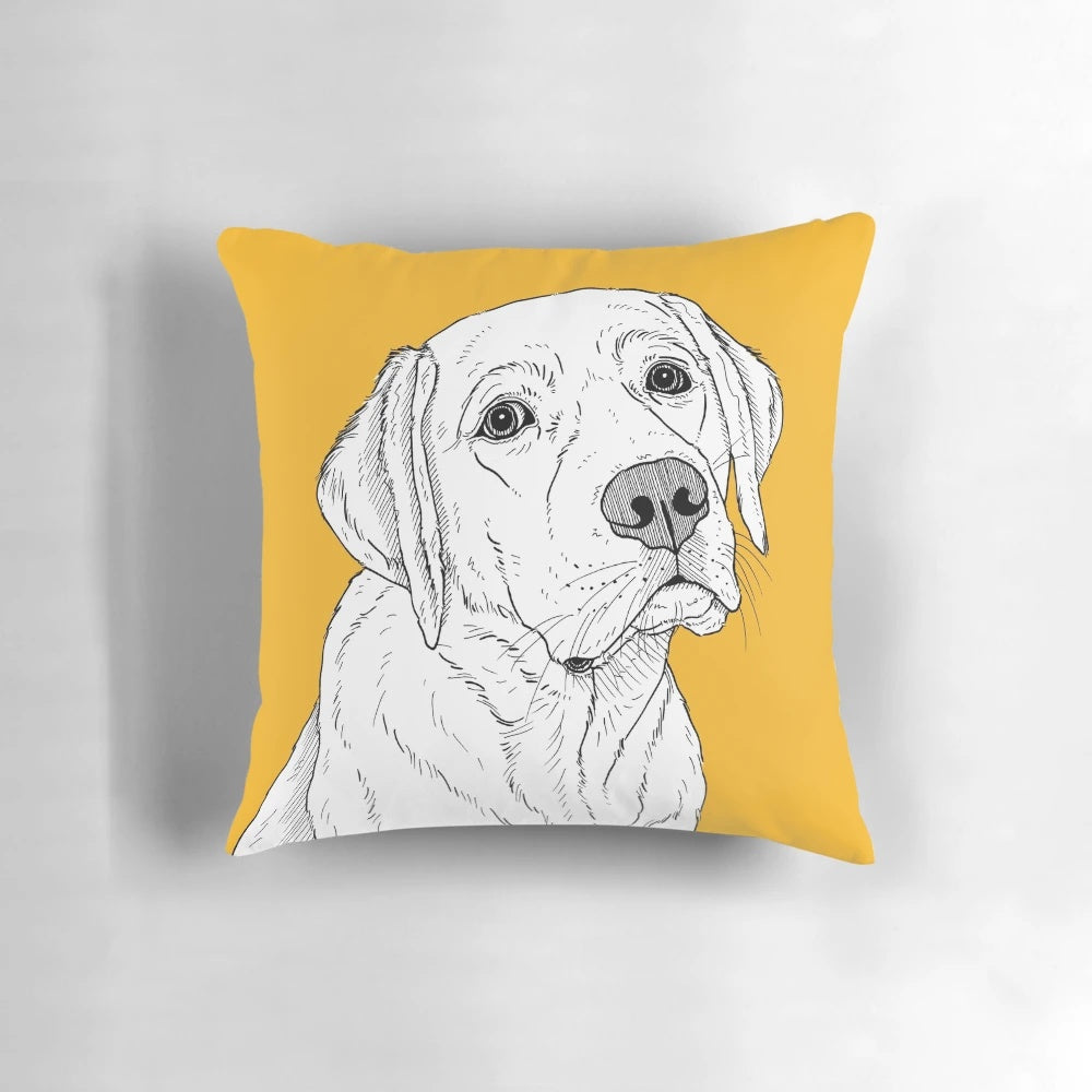 A detailed pen and ink portrait of a yellow Labrador retriever dog on a soft throw pillow.