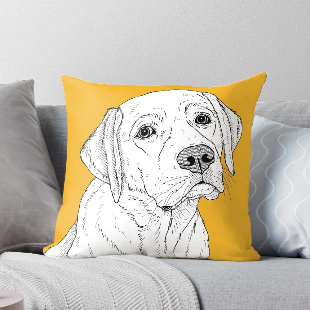 A detailed pen and ink portrait of a yellow Labrador retriever dog on a soft throw pillow.
