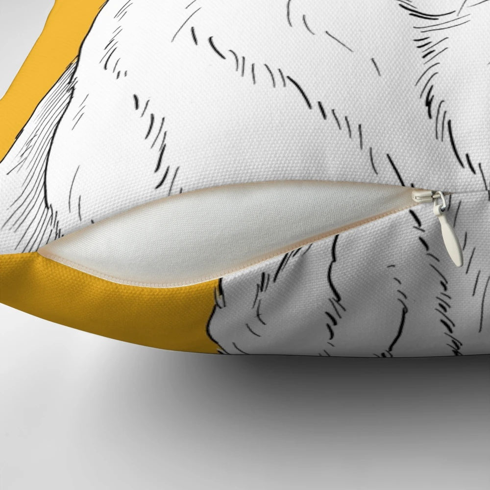 A detailed pen and ink portrait of a yellow Labrador retriever dog on a soft throw pillow.
