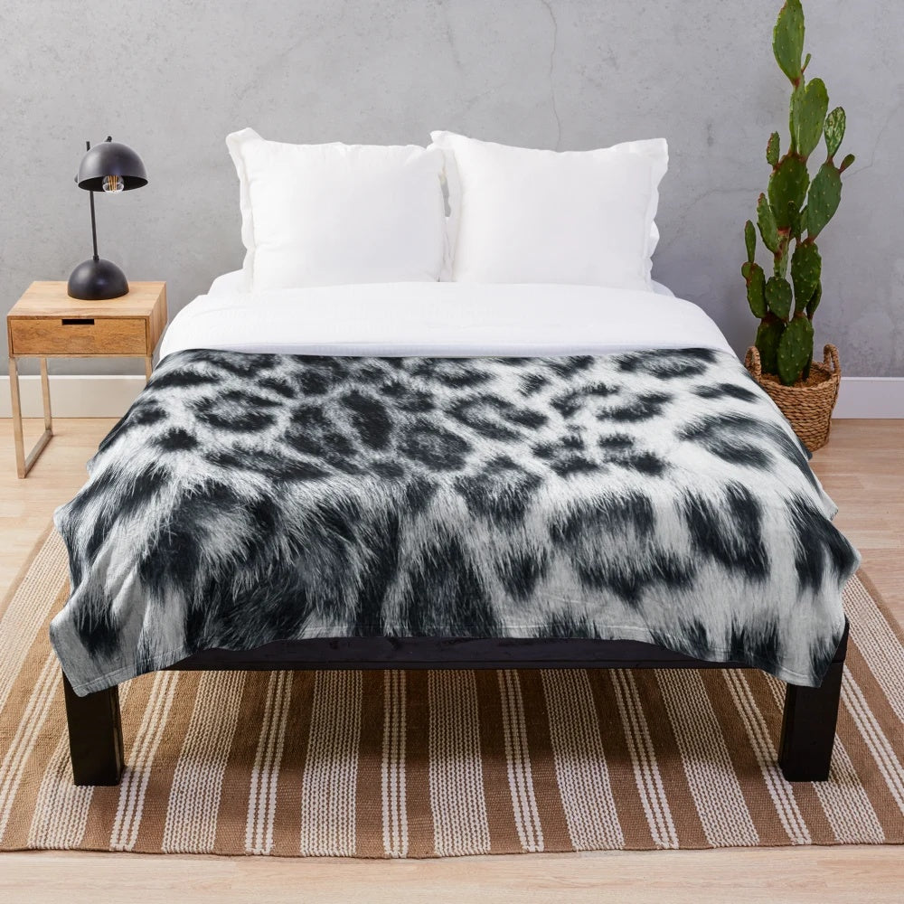 Realistic snow leopard print plush blanket