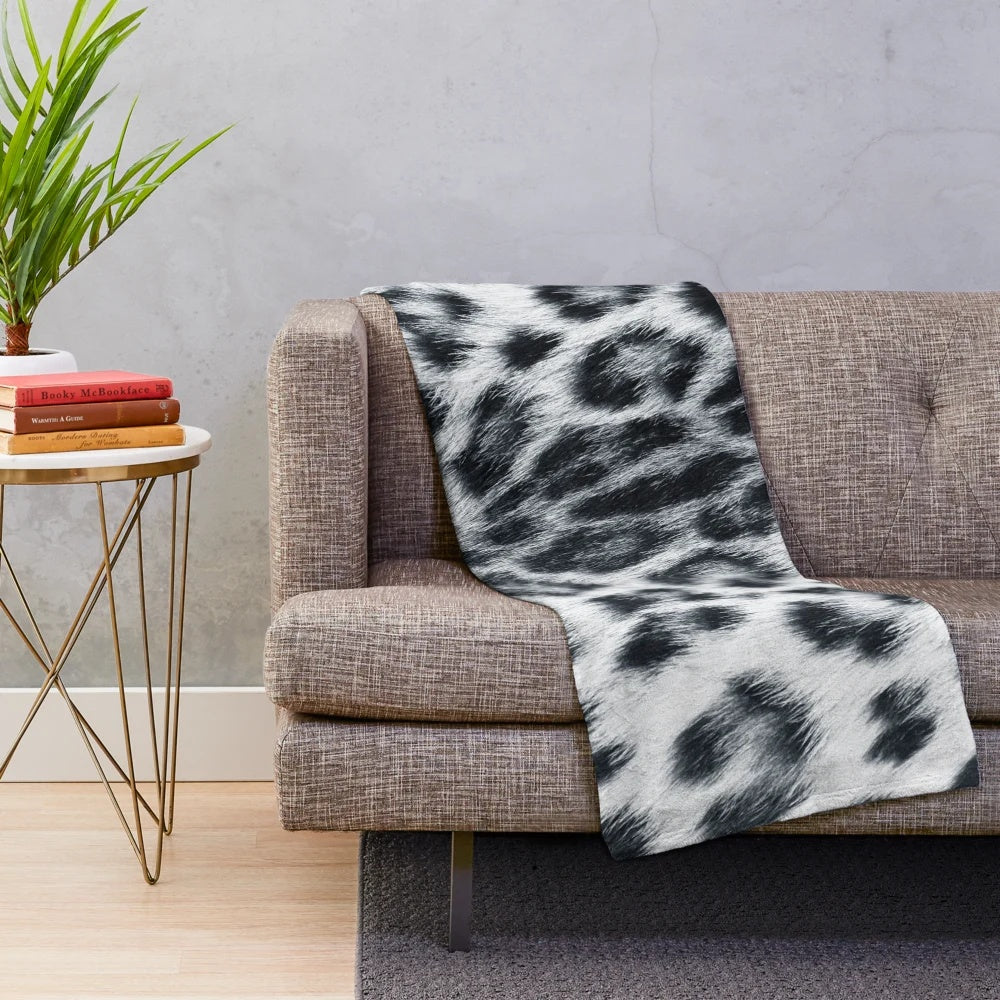 Realistic snow leopard print plush blanket