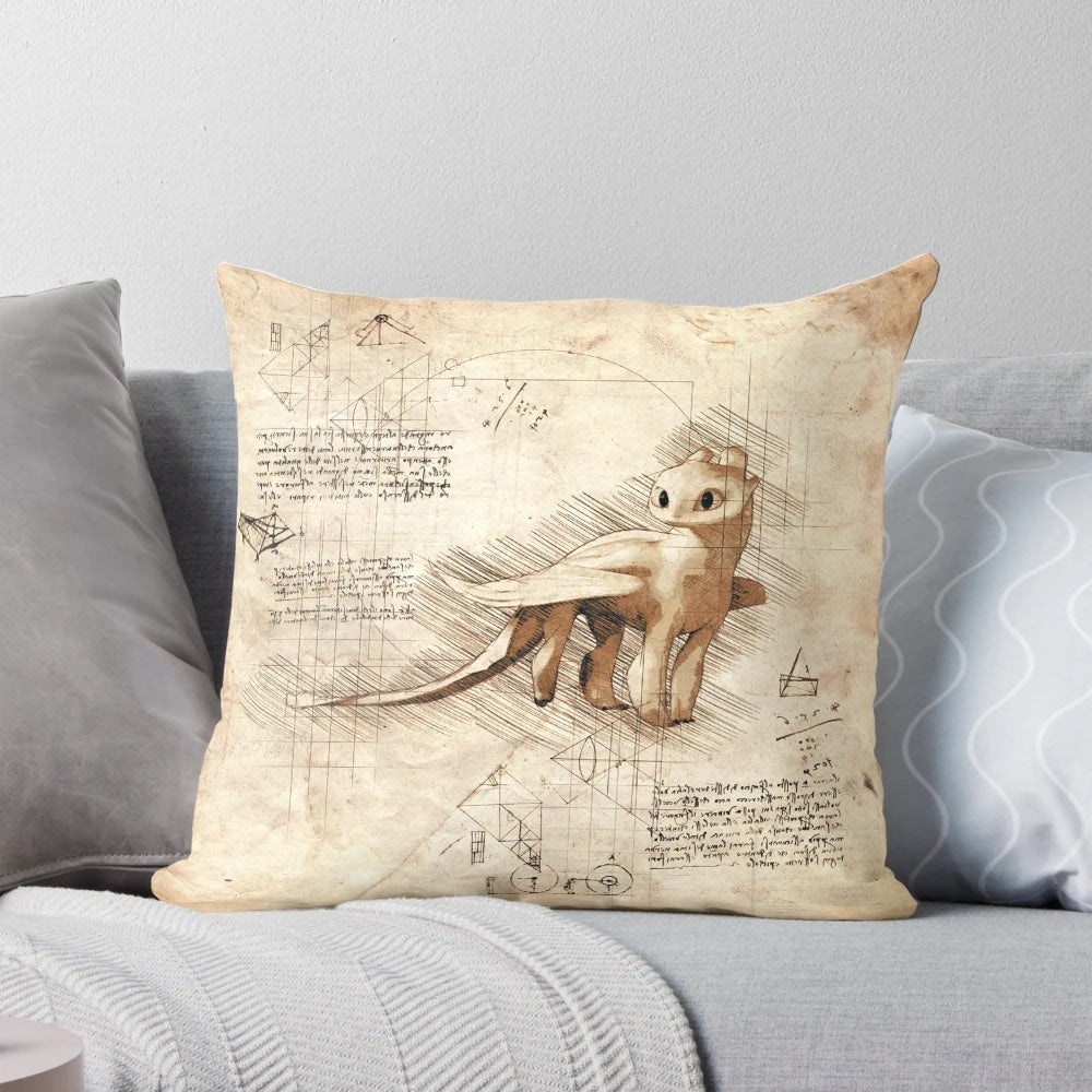 A decorative pillow featuring a Lightfury dragon in a Da Vinci-style art design.