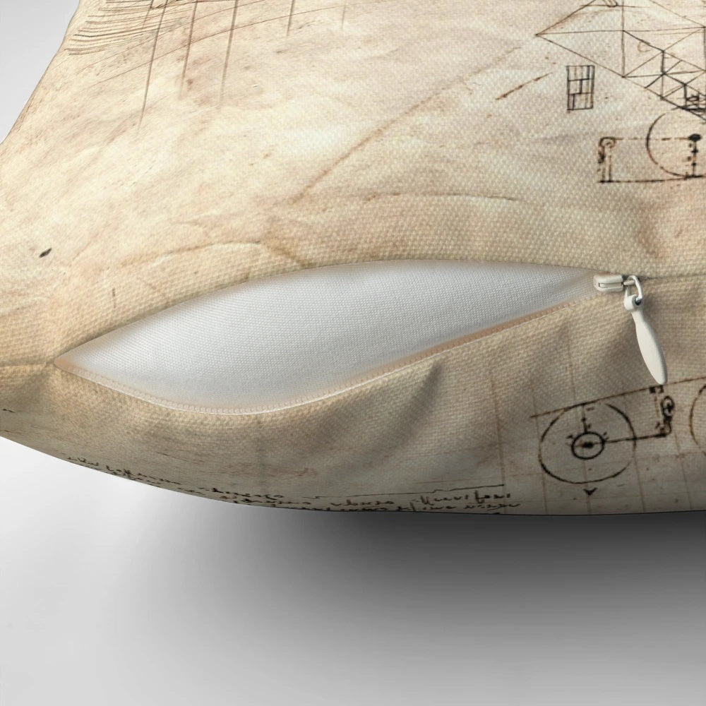 A decorative pillow featuring a Lightfury dragon in a Da Vinci-style art design.